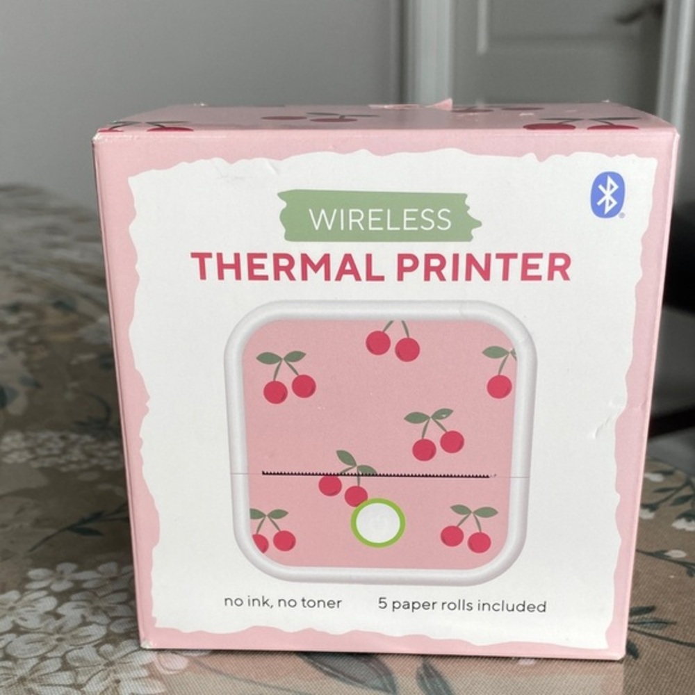 White Wireless Thermal Printer with Cherry Design